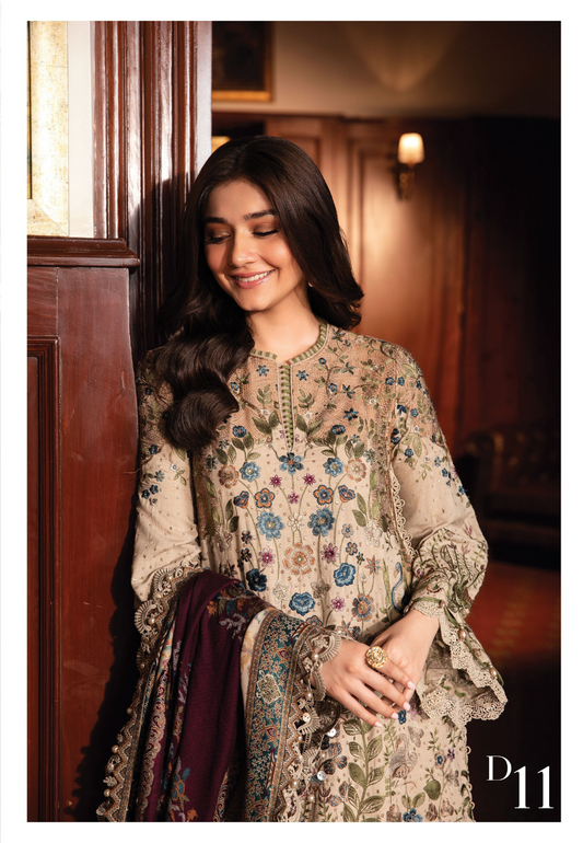 3 Piece Unstitched Embroidered Linen Suit | DL-1211